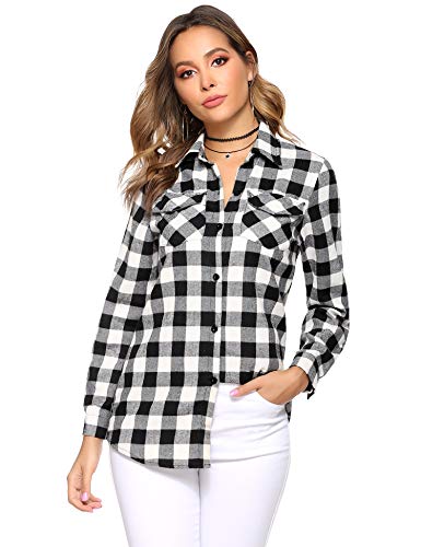 Abollria Camisa de Cuadros para Mujer Blusa Franela Manga Larga Oficina Camisetas con Botones Básico Shirt Casual Estilo de Boyfriend Suelto Tops para Otoño Invierno