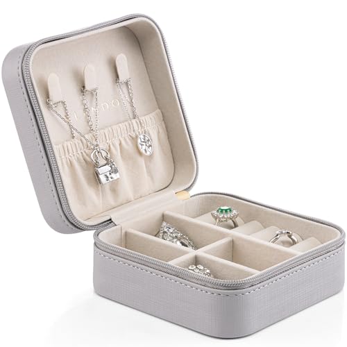 Vlando Small Faux Leather Travel Jewellery Box Organizer Display Storage Case for Rings Earrings Necklace without Mirror B.Necklace Grey