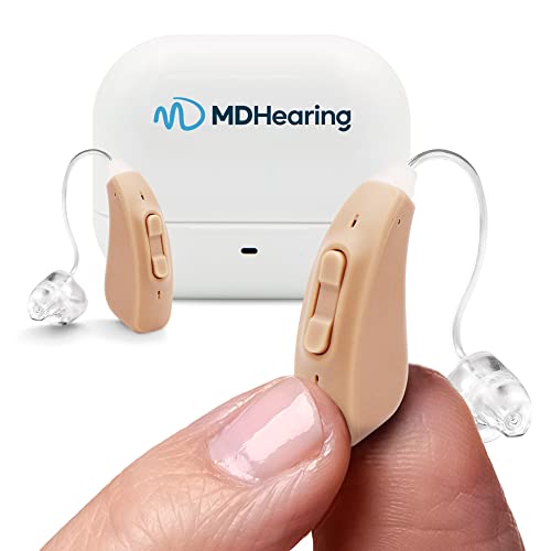 MDHearing AIR Hearing Aid (Pair), OTC Rechargeable, Crystal-clear Digital Sound by MDHearing, Perfect for Glasses, Nearly Invisible