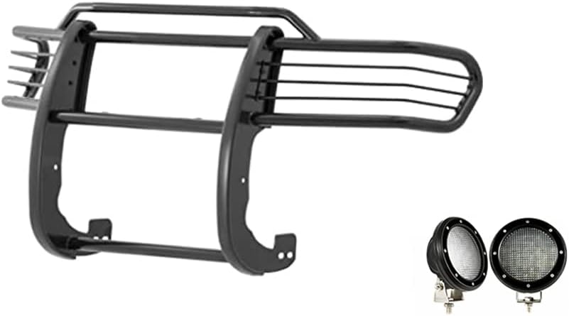 Black Horse Grille brush Bumper Guard Modular Black Come with Pair of 5.3" Dia.LED Lights with Black Trim Rings Compatible with 2007-2014 Toyota FJ Cruiser-17A098600MA-PLFB