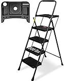 4 Step Ladder, Folding Step Stool with Tool Platform, Wide Anti-Slip Pedal, Lightweight 500lbs Step Ladder for Adults, Portable Steel Step Stool for Adults, Black