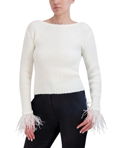 Image of BCBGMAXAZRIA Women's Boat Neck Long Sleeve Feather Cuff Sweater Top