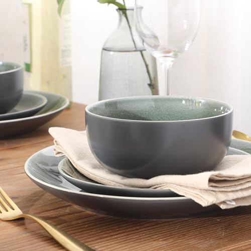 Image of Gibson Elite Pine Coast Plates and Bowls Sets, 12-Piece Stoneware Dinnerware Sets, Reactive Glaze Dish Set - Green