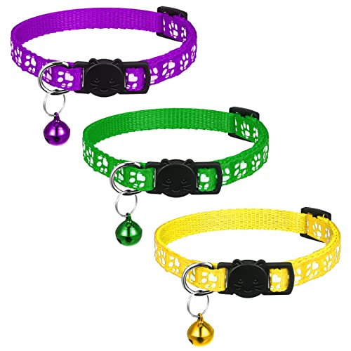 Fingertoys Lot de 3 Collier Chat avec Clochette et Boucle de Sécurité, Réglable Collier pour Chat Anti Étranglement Collier pour Chaton Chiot(Violet+Jaune+Vert)
