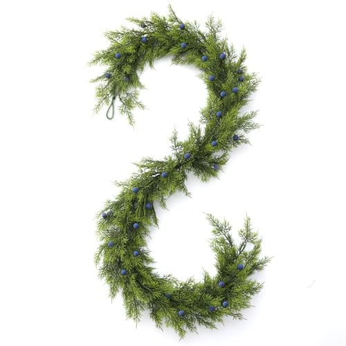 Dingion 6 ft Artificial Arborvitae Garland with Blueberry Realistic Cedar Juniper Garland Greenery Pine Cypress Christmas Decorations for Mantel Fireplace Table Centerpiece Xmas Outdoor Indoor Decor