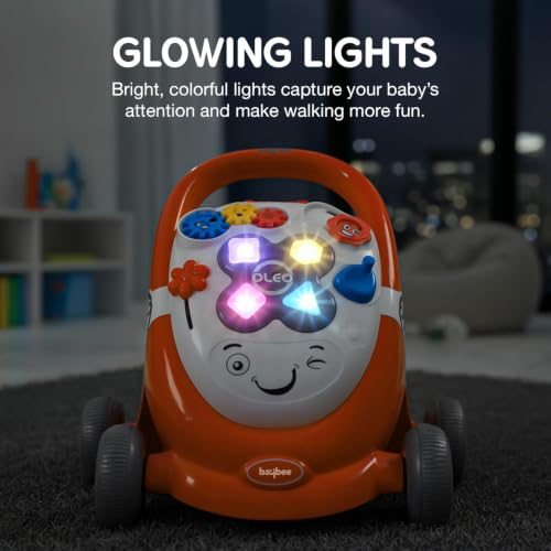 Image of Baybee Oleo Baby Walker for 6-18 Months | Activity Push Walker with Music & LED Lights | Stable Wheels, Easy Grip Handle | Educational Walker for Boys & Girls 0-2 Years (Orange)