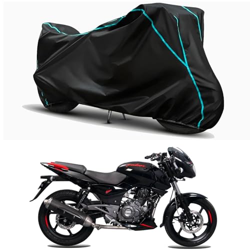 Image of Waterproof Bike Body Cover Compatible for | Bajaj Pulsar 150 Twin Disc BS6 | Taffeta Fabric, Sky Piping Design, Bottom Elastic Fit | Dustproof, Sun UV & Rain Protection for All Weather.