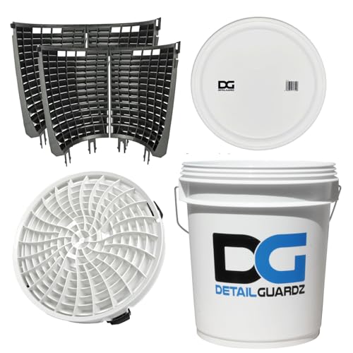 【正規輸入品】DETAIL GUARDZ(ディテール ガーズ) ダートロック&スクラブウォール & DGオリジナルバケツ18L(白)&フタ 4点セット 洗車傷防止 洗車用品 自動車 グリットフィルター 砂と石の分離 特許取得済み (ダートロック:ホワイト, スクラブウォール:全周 360度(ブラック))