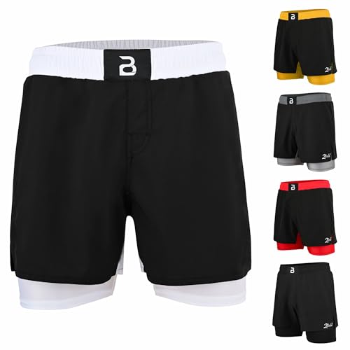 2BOLD MMA Kid’s 2 in 1 Board Shorts BJJ Built in Compression Lining Athletic Gym Boxing Jiu-Jitsu No-Gi Grappling Shorts