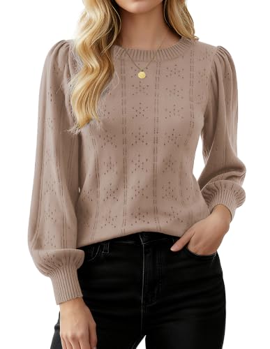 Image of GRACE KARIN Fall Sweaters for Women 2026 Puff Long Sleeve Crewneck Dressy Casual Tops Crochet Hollow Out Cute Pullover Blouse