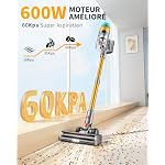 60KPA/600W Aspirateur Balai sans Fil, 75 Minutes Autonomie Aspirateur sans Fil Puissant avec Recharge Murale Écran Intelligent, aspirateur balai puissant pour Les Poils d'animaux/Tapis/Sols Durs