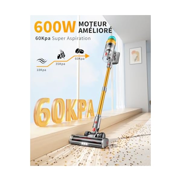60KPA/600W Aspirateur Balai sans Fil, 75 Minutes Autonomie Aspirateur sans Fil Puissant avec Recharge Murale Écran Intelligent, aspirateur balai puissant pour Les Poils d'animaux/Tapis/Sols Durs