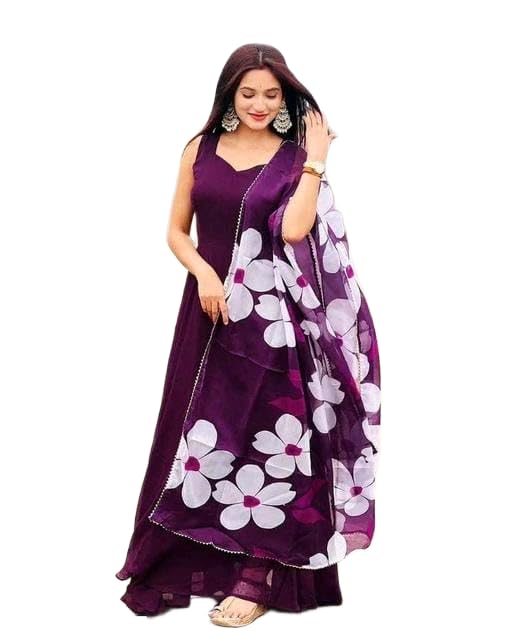 womens georgette sleevesless sweetheart neck gown featuring solid design with pants and border design floral printed dupatta 3 piece ethnic wear