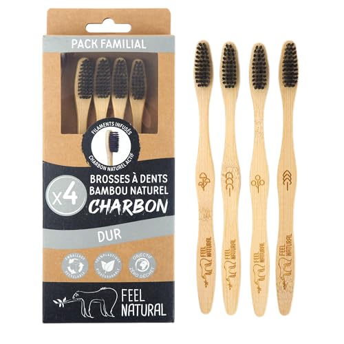 Brosse à Dent Bambou Naturel Charbon - Pack Familial 4 Brosses à Dents Dures pour Enfant et Adulte - Soin Dentaire, Lave les Dents en Profondeur, Poil en Huile de Ricin, Facile à Prendre en Main