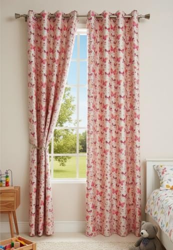 Image of Light Filtering Pink Butterfly PrintCurtain for Kids Room Girls Room Curtains 7 Feet Set of 2 pcs Door Panels 7 ft Curtain for Teens, Pink Color Curtains