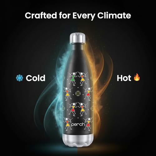 Image of Perch Retro Stainless Steel Water Bottle 980 ml | Hot & Cold Flask | Vacuum Insulated | ISI Certified | Leak Proof | BPA Free | for Office, School, Gym, Home & Travel | Warli Art | Crafted by Pexpo