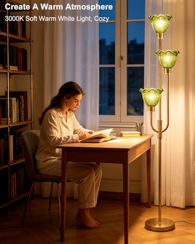 Image of Lightdot 3-Lights Glass Floor Lamp 66IN Modern Gold Dimmable Floor Lamps with 3000K Warm White Bulbs for Wedding Party Tall Standing Lamp with Green Glass Shade for Living Room /Bedroom /Home Decor