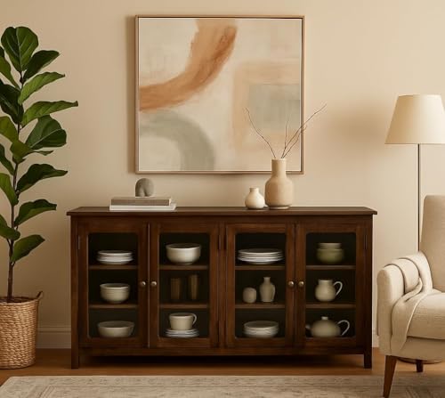Image of Solid Wood Madrid 4-Door Glass Sideboard Cabinet | Crockery | Kitchen Cabinet | Finish - Scratch Resistant Tubaq