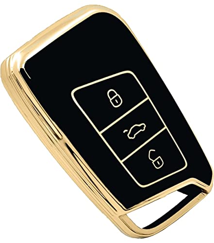 Image of TPU Car Key Cover Black & Golden Compatible for Skoda Kodiaq, Superb, Octavia, Karoq (Skoda, 3 Button Push Smart Key)