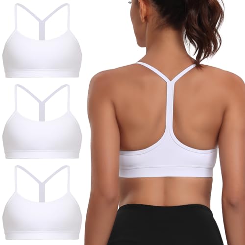Image of Raxnode Women's 3-Pack Y-Back Sports Bra, Thin Spaghetti Strap Nylon Yoga Bra with Removable Cups, Light Support Bralettes