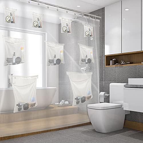 Clear Shower Curtain with Pockets,PEVA Plastic Shower Curtain, Shower Curtain Organizer Liner with 9 Pockets for Bathroom (Clear, 71x71 inch)