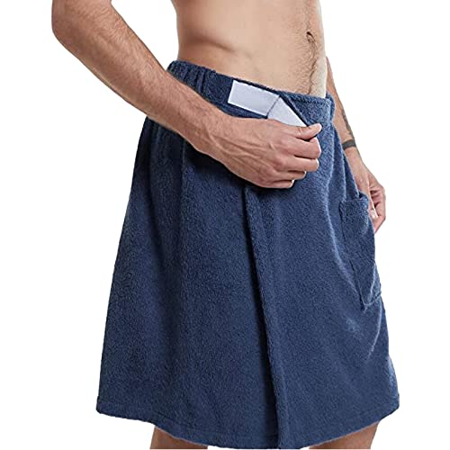 Jamron Mens Adjustable Bath Towel Wrap - Wearable Towel Skirt with Pocket for Gym Shower Sauna Spa & Beach Cover Ups Navy Blue M