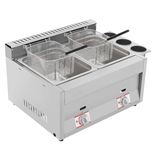 MJMLUCK Freidora de Gas Comercial de Acero Inoxidable para encimera con 2 cestas de Filtro de 10 l, Tapas y Tanques. Freidora Grande para Papas Fritas con 3 Tazas de condimentos