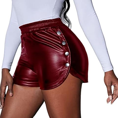 Tulucky Womens Stretchy Faux PU Leather High Waist Hot Pants Buttons Side Mini Shorts, Winered, X-Large Cover