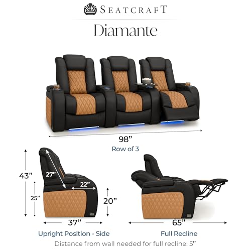 Image of Seatcraft Diamante Black /Tan Oak Italian Leather Home Theater Seating, Zero Gravity Power Recliner, Gaming and Home Office Chair, Powered Headrest Furniture for Family Cinema Room, Row of 3