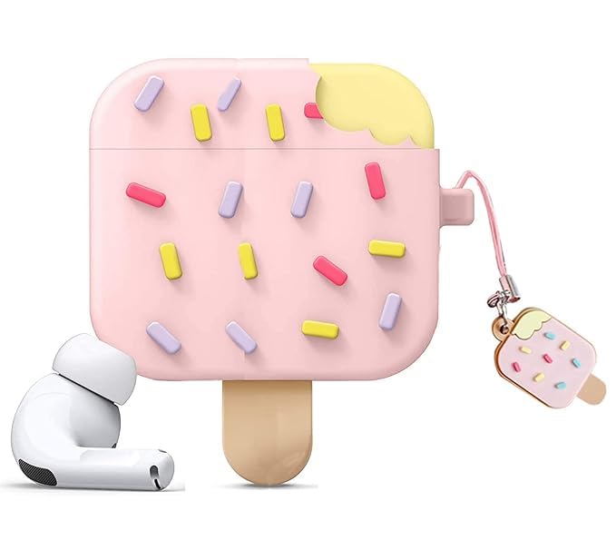 Image of Earphone Cover Compatible for Realme Buds T300, Soft Silicone Skin Shock-Absorbing Protective Case With Keychain (Front LED Visible) (Ice Cream Strawberry)