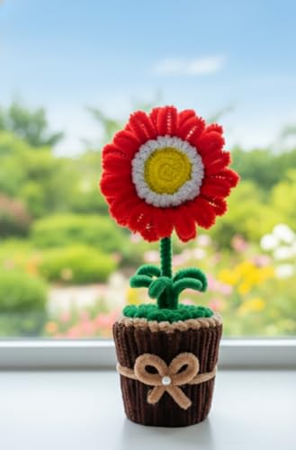 Image of Handmade Artificial Flower Pot for Home Decor | Cute Fuzzy Wire Pipe Cleaner Flower Plant | Aesthetic Tabletop Decorative Pot for Home, Office & Gifting (Soft Bloom :- White-Red)