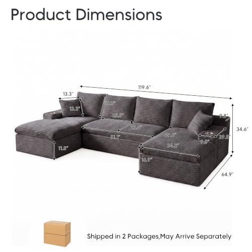 Image of 120 inch Modular Sectional Sofa, U-Shape Boneless Couch, Dark Grey