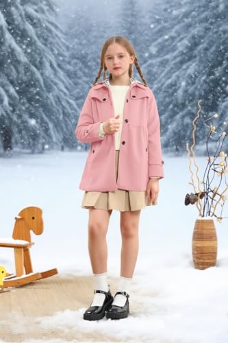 Cromoncent Girls' Autumn and Winter Woolen Coat with Detachable Hat Outerwear Peacoat,2-14 Years3