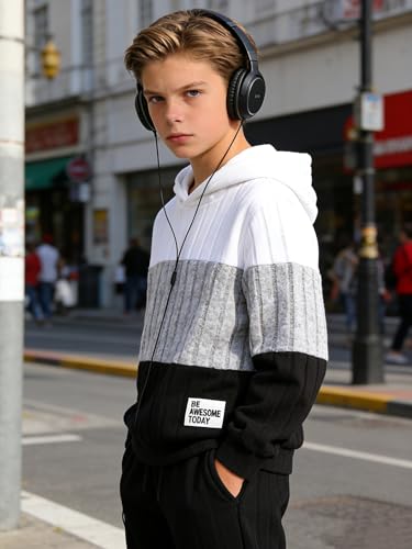 Image of 5-11Y Boys Clothes Long Sleeve Hooded Pullover Colorblock Sweatshirt + Pants 2pcs Fall Winter Outfit Set