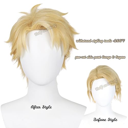 Image of Half and Half Short Blonde Anime Cosplay Wig Men's Spiky Layered Blonde Male Wigs Synthetic Hair for Men Halloween Costume Party