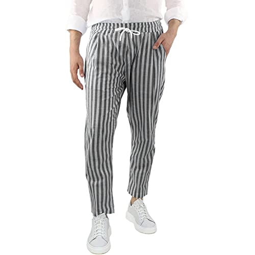 Rela Bota Mens Fashion Cotton Linen Pants Casual Striped Chino Dress Slim Fit Drawstring Slack Straight Trousers3