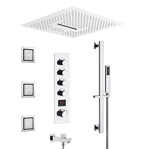 Sistema de ducha digital LED Cascada Luxury 16” con altavoz Bluetooth integrado y 4 funciones (Lluvia, Cascada, Jets corporales y Ducha de mano) acabado dorado pulido