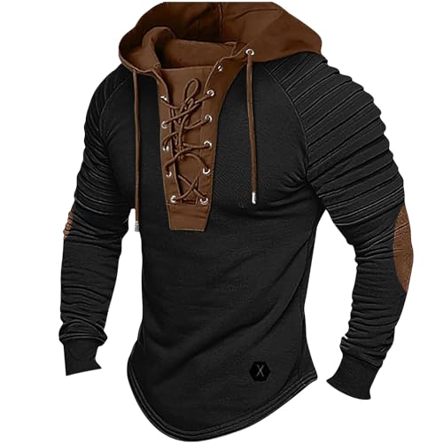 Mens Lace Up Hoodie Henley Pullover Long Sleeve Drawstring Hood Textured Patches Casual Streetwear