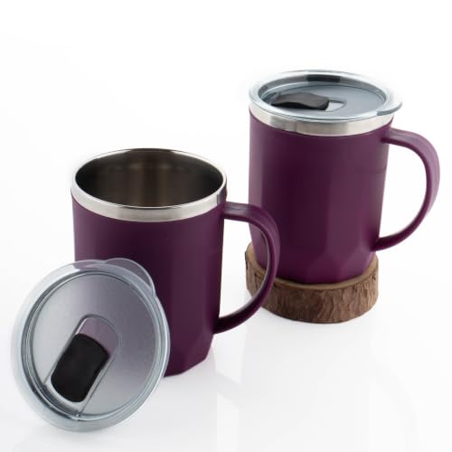 Image of MAGIC SPOON Stainless Steel Travel Coffee Mug with Sipper Lid & Handle, Insulated Tea Cup, BPA-Free Double Wall Tumbler for Hot-Cold Beverages, Office, Home, Car, Travel- Purple, (400ml X 2 Pack)