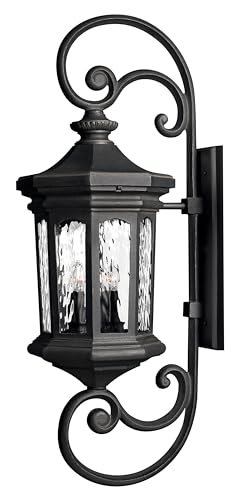 Hinkley Raley Double XL Wall Mount Outdoor Lantern, LEDs Included, Aluminum, Clear Water Glass Shade, Estate Series, Museum Black Finish