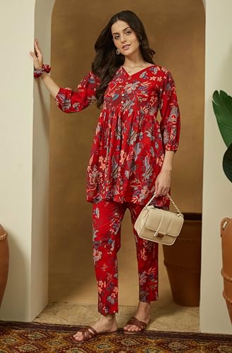 Image of Janasya Women's Red Pure Cotton Floral Printed Peplum Co-ord Set