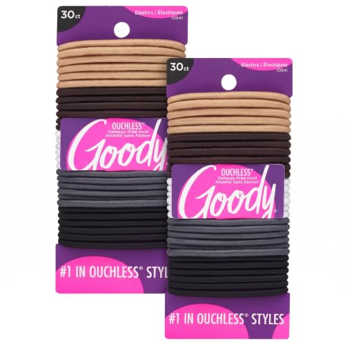 Goody Ouchless Elastic Hair Ties - 30 Ct, Assorted Neutral, 4MM Rubber Bands for Hair, Pain-Free Hair Accessories for Women &amp; Men, Made for Long-Lasting Braids, Ponytails, All Hair Types (Pack of 2)