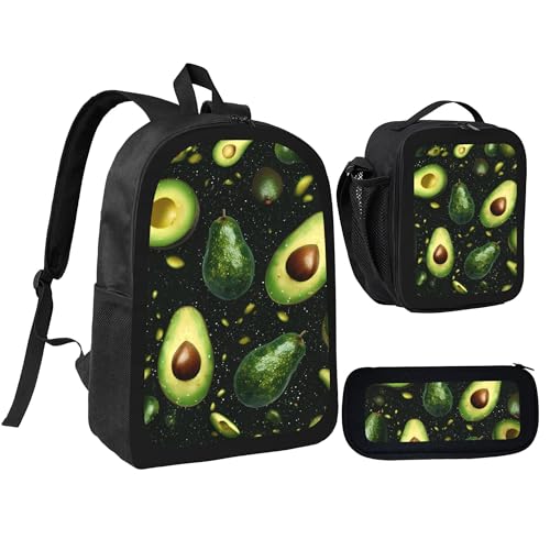 Fruit Green Avocado 3 Pcs 17 Inches Backpack Set with Insulated Lunch Bag And Pencil Pouch Large Back Pack for Men Women Lunchbox Pencil Case Waterproof Backpacks Lunch Box 3 Piece Daypacks