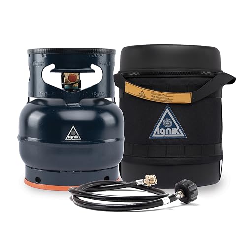 Ignik Refillable Gas Growler Deluxe 3.8-Pound Empty Propane Tank with Carry Case and Adapter Hose Black Case/Blue Tank