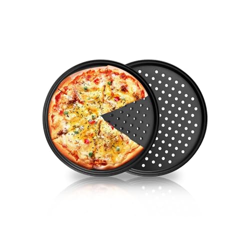 JSJMOFA Teglie per Pizza 30 cm, Set 2 Stampi Pizza Teglie Forma Rotonda Acciaio al Carbonio, Vassoio Antiaderente con Fori per Pizza