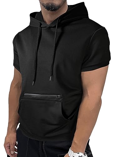 SweatyRocks Men's Short Sleeve Drawstring Hooded Tee Top Zip Front Pullover T Shirt with Pocket