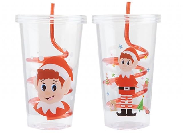 PMS Elves Behaving Badly Christmas Drinking Cup with Straw Assorted Designs Reusable Plastic Xmas Festive Gift