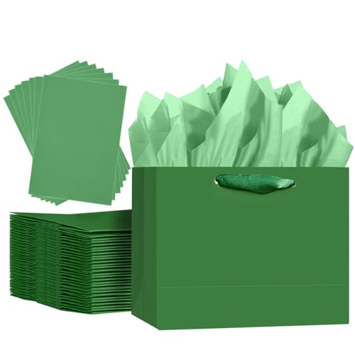 qiqee 5PCS Emerald Green Gift Bags with Ribbon Handles 9.6x7.9x4.3 Medium Size Gift Bags (Tissue Paper included Medium Wide)