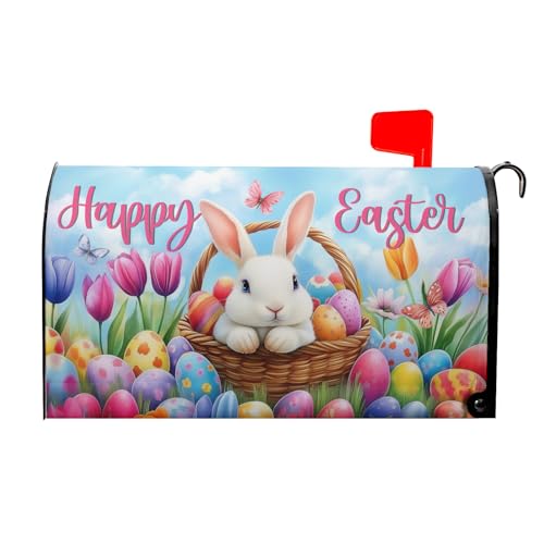 Image of Spring Easter Mailbox Covers Easter Bunny Eggs Mailbox Cover Magnetic Standard Size 21 inchx18 inch Happy Easter Mailbox Wrap Spring Floral Tulips Post Letter Box Cover for Home Outdoor Garden Mailbox Decor