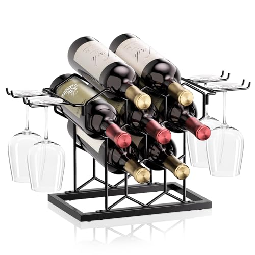 NANAGIFTREE Countertop Wine Rack, 8 Bottle Freestanding Modern Black Metal Small, 3 Tier Tabletop...